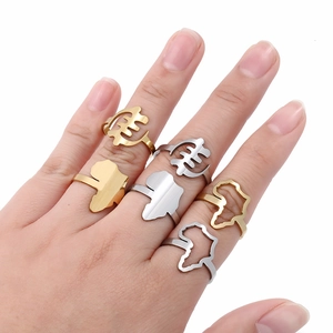 Polished gold and silver Africa map rings and Adinkra symbols set for women