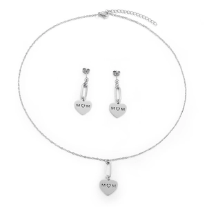 Silver titanium steel MOM heart jewelry set with pendant necklace and matching earrings