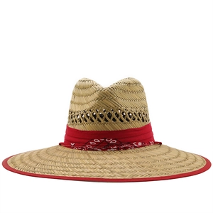 Cappello di paglia da bagnino con fascia paisley rossa e trama traspirante in alto