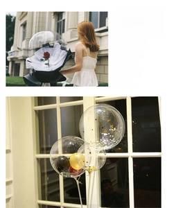 Detail of transparent balloon featuring a red rose and golden sequins for decor