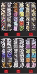 Detailed mixed nail art charms kit in a 12-grid organizer box with rhinestones and pearls