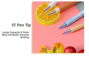 Detailed shot of 0.5mm ST tip erasable pens with blue ink and aesthetic patterns