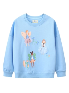 Light blue long sleeve sweatshirt set for girls featuring cartoon fairy 3D mesh design