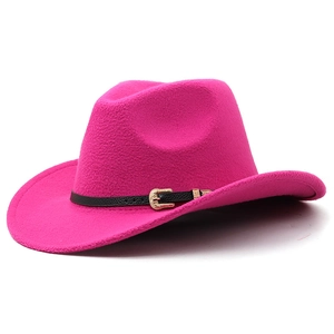 Detail of magenta wool felt cowboy hat with black leather band and gold buckle