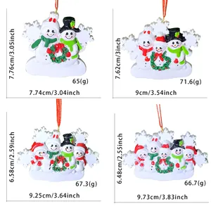 Size chart showing height weight and width for resin snowman family ornaments