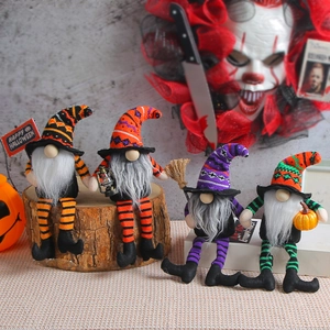 Halloween Gnomes Plush Faceless Witch Doll Long Striped Legs Broom Pumpkin Lantern Home Tabletop Festival Party Ornament