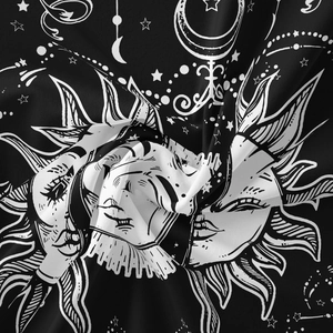 Bohemian sun and moon celestial tapestry with black and white astrological patterns