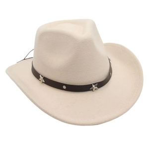 Detail of beige wool cowboy hat with black decorative band and silver star rivets