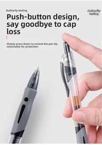 Detail of retractable gel pen with comfortable gray rubber grip and clear barrel design