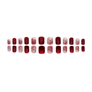 Short square press-on nails with red gradient and floral rose art for women