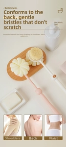Long-handle dual-sided bath brush with soft bristles and mesh loofah head in pink and beige