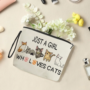 Canvas makeup bag with cute cartoon cats and Just A Girl Who Loves Cats text design