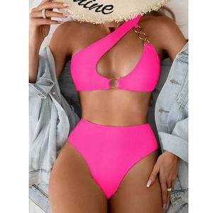 Neon pink one-shoulder bikini set with high waist bottom and stylish metal ring detail