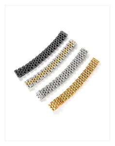 Detailed view of four-color stainless steel five-link watch bracelets with polished finish