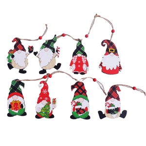 Set of 8 painted wooden Christmas gnome ornaments with hanging ropes and red beads