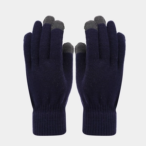 Detail of dark blue knit touchscreen gloves with grey fingertips and ribbed cuffs