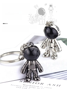 Detail view of silver and gun black astronaut keychains with metallic texture on white box