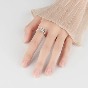 Adjustable sunflower rotating ring with moonstone center and side zircon accents