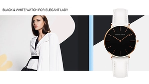 Detail of Hannah Martin women quartz watch featuring black dial and white leather strap