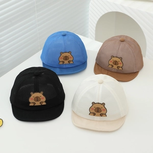 Breathable baby sun caps with mesh and cartoon capybara embroidery in 4 colors