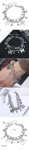 Detail view of double-layer stainless steel bracelet with butterfly charms and dimensions