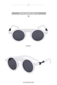 Front and 45-degree side view of white round frame sunglasses with grey lenses