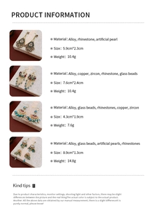 Detailed product information chart showing zircon and pearl earrings with size and weight