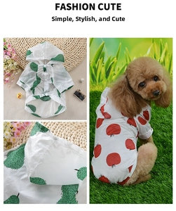 Detail of lightweight breathable dog sun-protection hoodies with cactus and apple prints