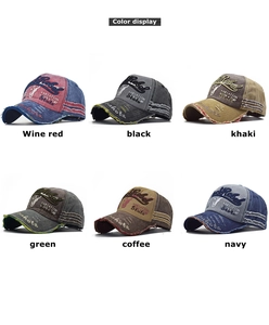 Detailed grid showing six colors of distressed cotton baseball caps with bull embroidery