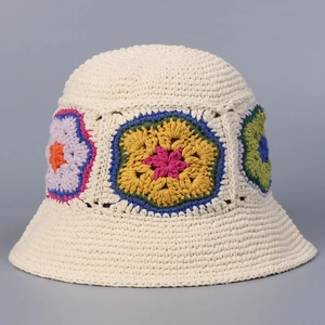 Handmade crochet bucket hat with colorful flower patterns in bohemian style weave