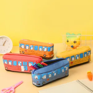 Set of four colorful school bus shaped pencil cases with large capacity zipper closure