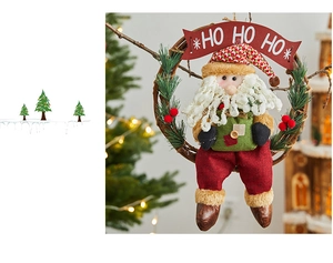 Detail of a handmade Santa Claus figurine on a rattan wreath with HO HO HO banner