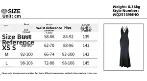 Guide des tailles pour robe longue sexy dos nu avec mesures détaillées en centimètres