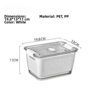 Detail view of white kitchen food storage box with inner drain basket measuring 19.8x13x11cm