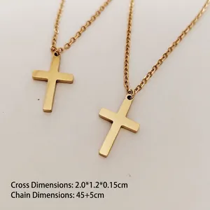 Polished 18K gold stainless steel cross pendant necklace with a 45+5cm adjustable chain