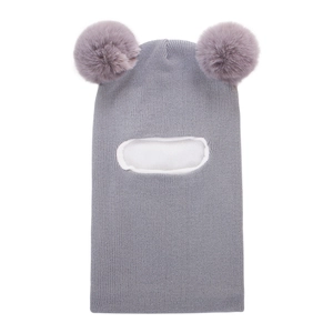 Detail of grey knitted balaclava with dual purple faux fur pom-poms and warm lining