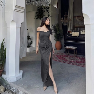 Elegant off-shoulder sequin dress in dark gray with high slit and slim fit floor-length style