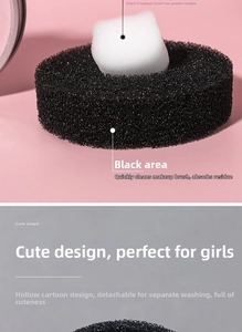 Detail of dry makeup brush cleaning sponge with cat paw design for quick powder removal