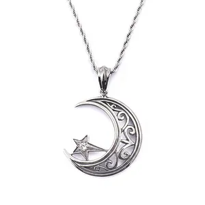 Collier Pendentif Étoile Lune Acier Inoxydable Filigrane Creux Avec Strass Clair Bijoux Minimalistes Vintage