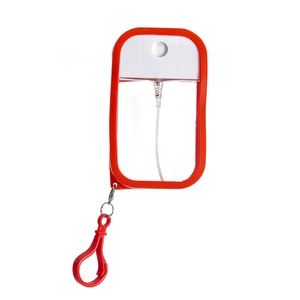 Detail of clear 50ml spray bottle with red silicone sleeve and matching carrying hook