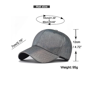 Detailed size guide for the glitter baseball cap showing height and brim dimensions