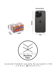 Detailansicht der Vintage Washi Tape Verpackung mit Größenvergleich zum iPhone