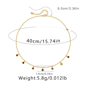 Detailed dimension chart showing chain length and colorful zircon droplet pendant sizes