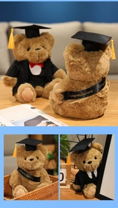 Detailed views of a brown plush graduation teddy bear with a black cap and golden sash