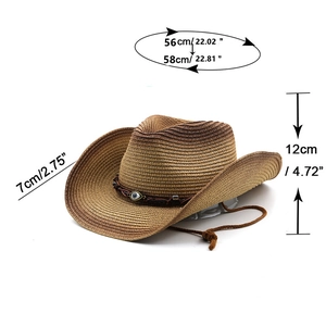 Detailed dimensions of brown straw cowboy hat with evil eye bead and adjustable chin strap