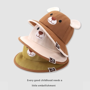 Cartoon bear ears baby sun hat in brown, cream and olive green with cute embroidery