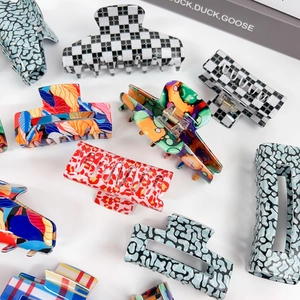 Large Hair Claw Clips Colorful Floral Leopard Checkerboard Patterns PVC Shark Clips For Women Daily Hair Accessories