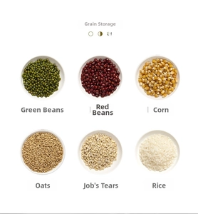 Detail view of six compartments storing grains like beans and rice for organization