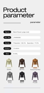 Tableau détaillé des tailles et matières de la veste de yoga avec six nuances de couleurs