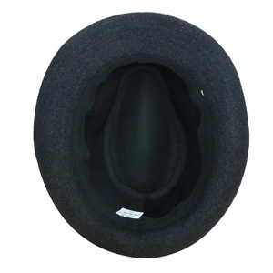 Interior view of wool felt jazz fedora hat in dark grey with size 56 label inside